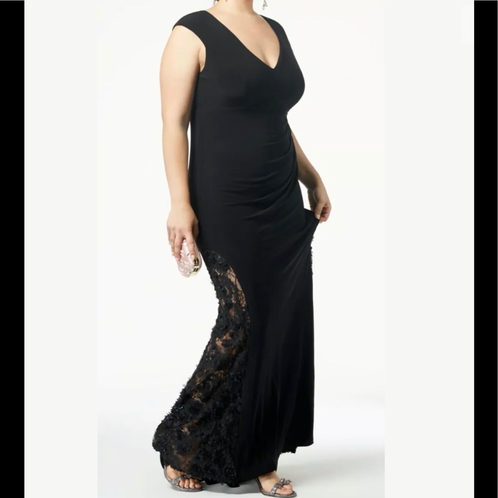 Women’s Formal Dress Plus Size 14W Black Tie Mermaid Train Betsy Adam Lace Gown